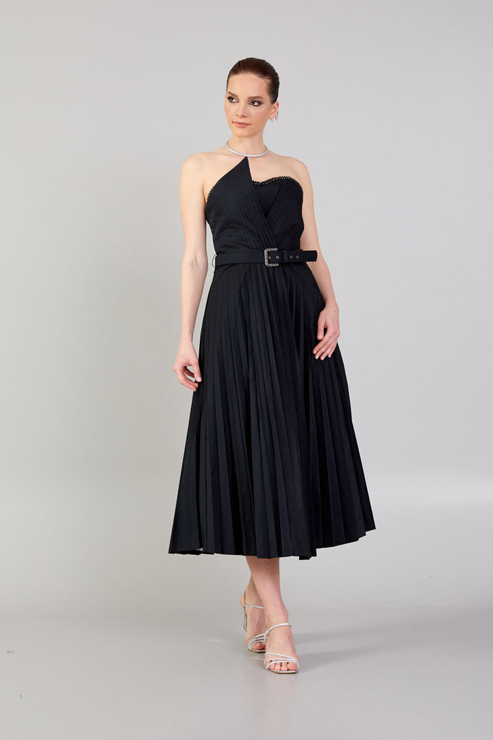 Strapless Dress with Belt Detail and Pleated Skirt