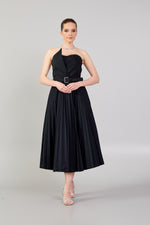 Load image into Gallery viewer, Strapless Dress with Belt Detail and Pleated Skirt
