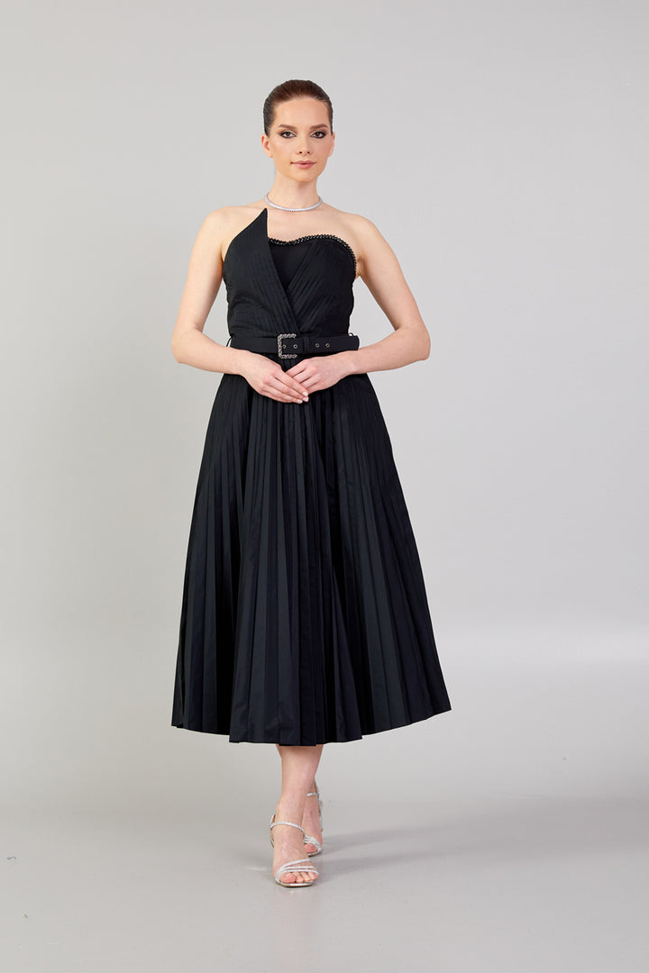 Strapless Dress with Belt Detail and Pleated Skirt