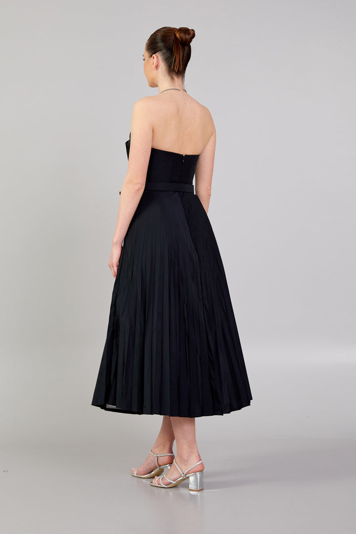 Strapless Dress with Belt Detail and Pleated Skirt