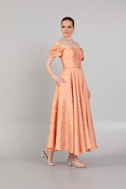 Shoulder Gathered Wide Pattern Skirt Dress