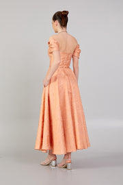 Shoulder Gathered Wide Pattern Skirt Dress