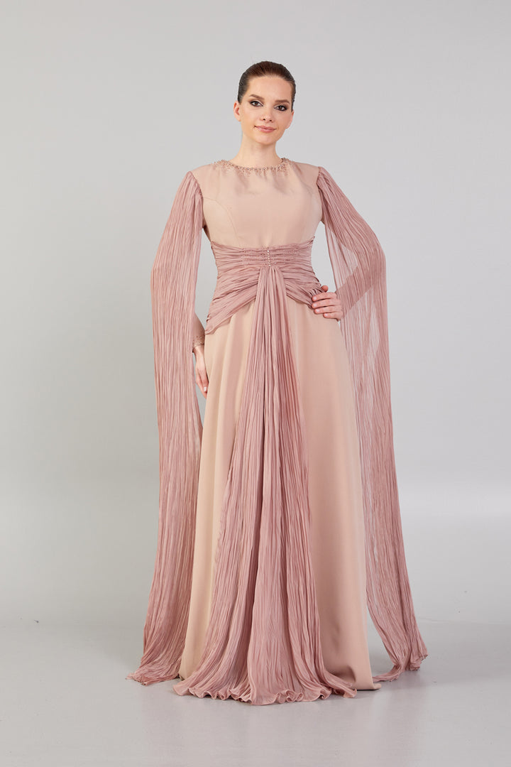 Hijab Evening Dress with Cape Sleeve Detail and Waist Detail