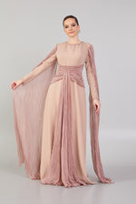 Load image into Gallery viewer, Hijab Evening Dress with Cape Sleeve Detail and Waist Detail
