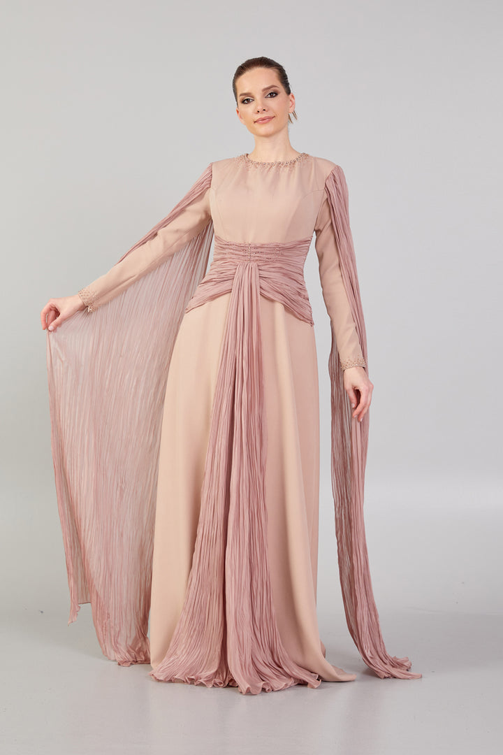 Hijab Evening Dress with Cape Sleeve Detail and Waist Detail