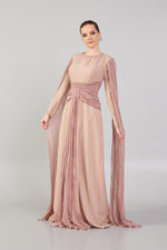 Load image into Gallery viewer, Hijab Evening Dress with Cape Sleeve Detail and Waist Detail
