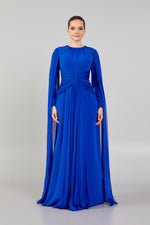 Load image into Gallery viewer, Hijab Evening Dress with Cape Sleeve Detail and Waist Detail
