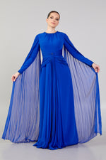 Load image into Gallery viewer, Hijab Evening Dress with Cape Sleeve Detail and Waist Detail
