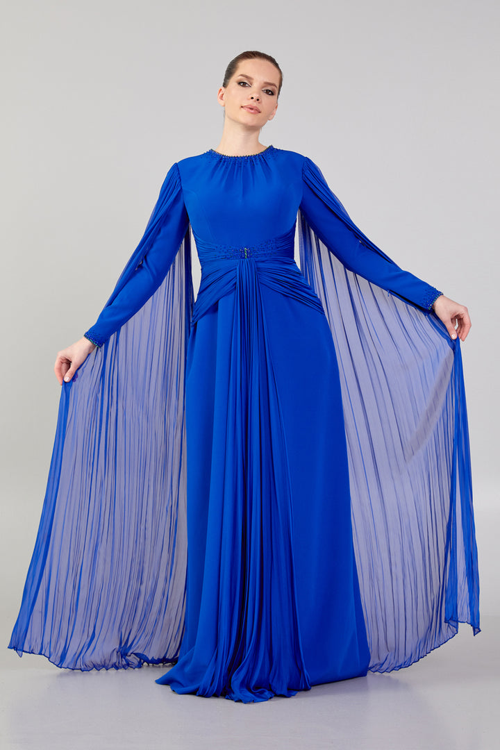 Hijab Evening Dress with Cape Sleeve Detail and Waist Detail