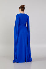 Load image into Gallery viewer, Hijab Evening Dress with Cape Sleeve Detail and Waist Detail
