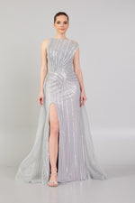 Load image into Gallery viewer, Rigid Collar Detailed Beaded Evening Dress
