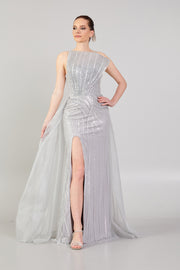Rigid Collar Detailed Beaded Evening Dress