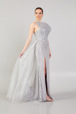 Load image into Gallery viewer, Rigid Collar Detailed Beaded Evening Dress
