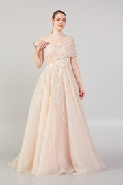 Flounce Asymmetrical Shoulder Detailed Evening Dress