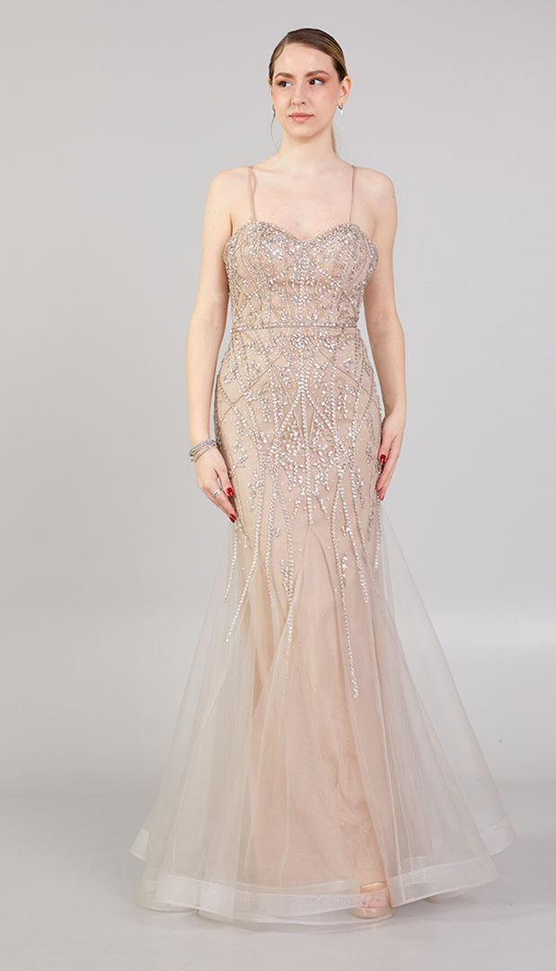 Mermaid Evening Dress with Rope Straps and Embroidered Tulle Detail