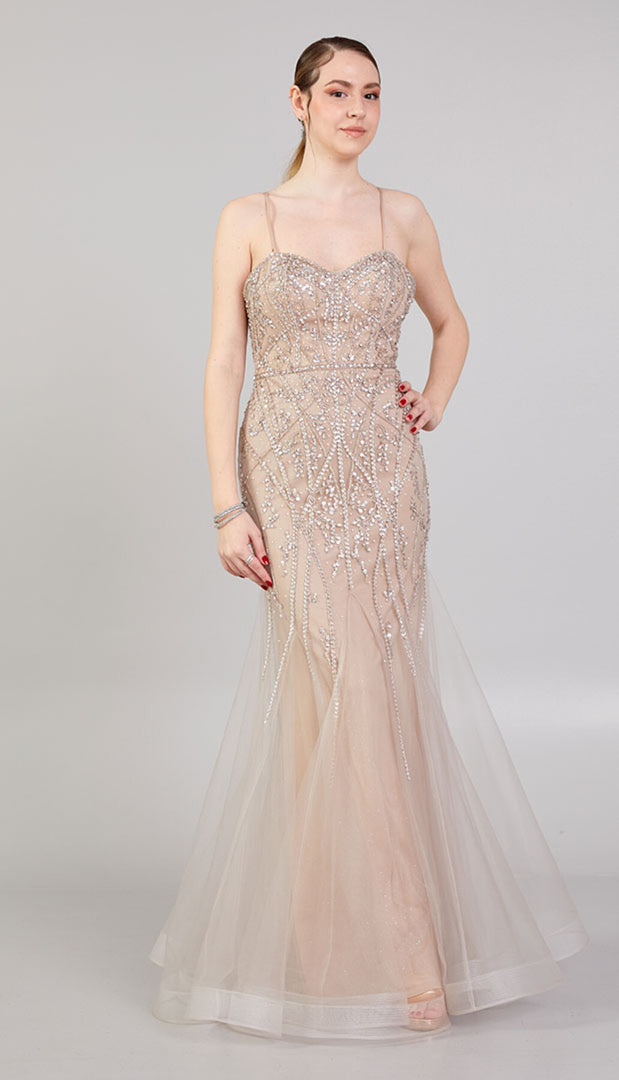 Mermaid Evening Dress with Rope Straps and Embroidered Tulle Detail