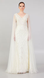 Load image into Gallery viewer, Special Evening Dress with Tulle Cape Detail and Allover Embroidery
