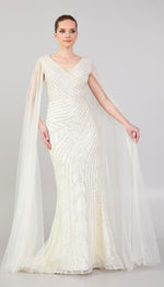 Load image into Gallery viewer, Special Evening Dress with Tulle Cape Detail and Allover Embroidery
