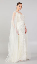 Load image into Gallery viewer, Special Evening Dress with Tulle Cape Detail and Allover Embroidery
