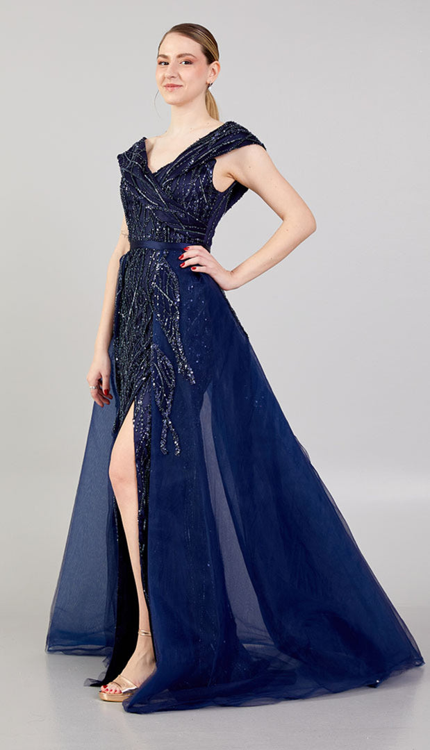 Delicately Embroidered Tulle Cape Evening Dress