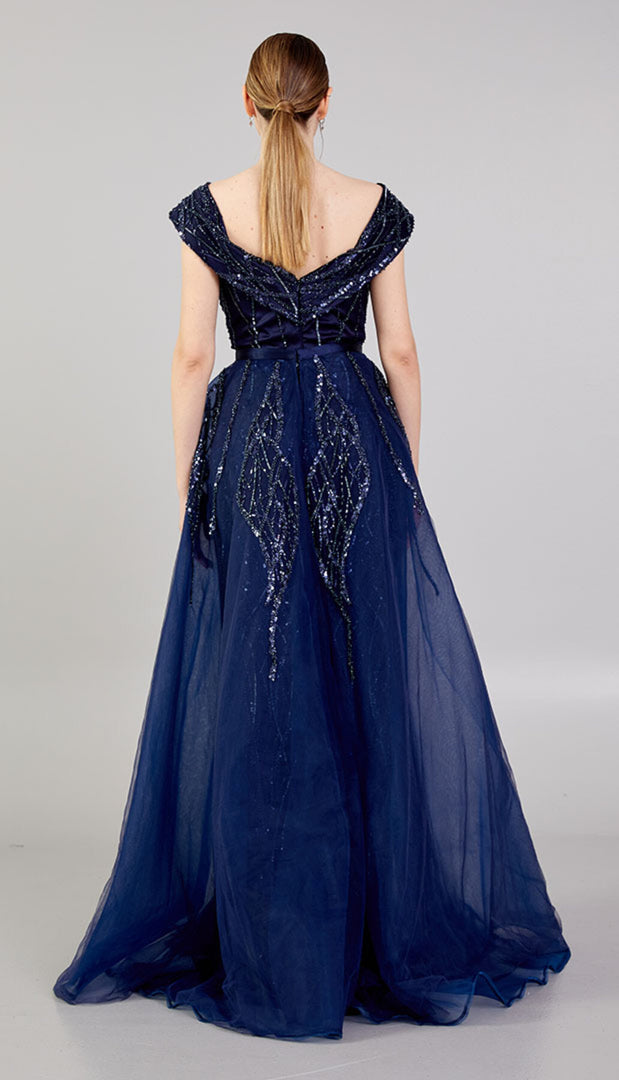 Delicately Embroidered Tulle Cape Evening Dress