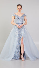 Load image into Gallery viewer, Delicately Embroidered Tulle Cape Evening Dress
