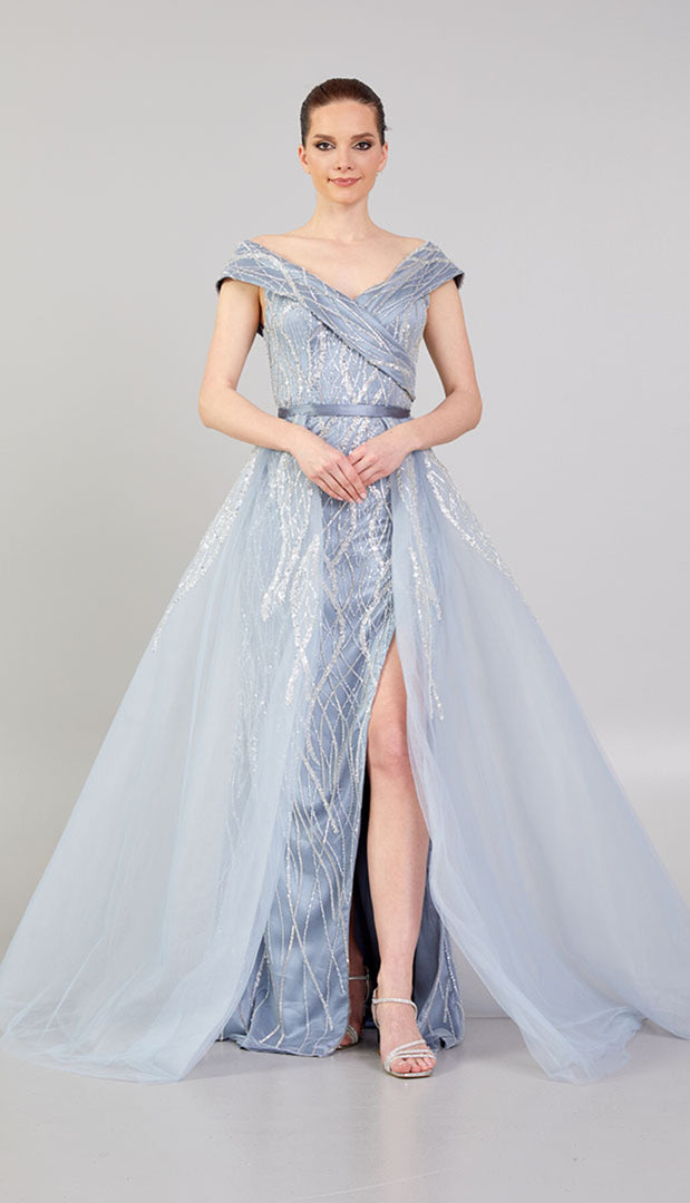 Delicately Embroidered Tulle Cape Evening Dress