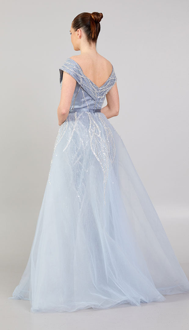 Delicately Embroidered Tulle Cape Evening Dress