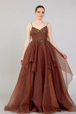 Load image into Gallery viewer, Evening Dress with Embroidered Detail, Straps and Tulle Skirt Detail
