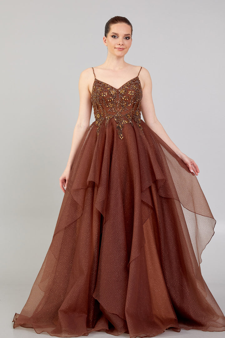 Evening Dress with Embroidered Detail, Straps and Tulle Skirt Detail