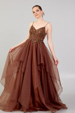 Load image into Gallery viewer, Evening Dress with Embroidered Detail, Straps and Tulle Skirt Detail
