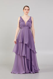 Gathered Chest Detailed Evening Dress with Tiered Skirt
