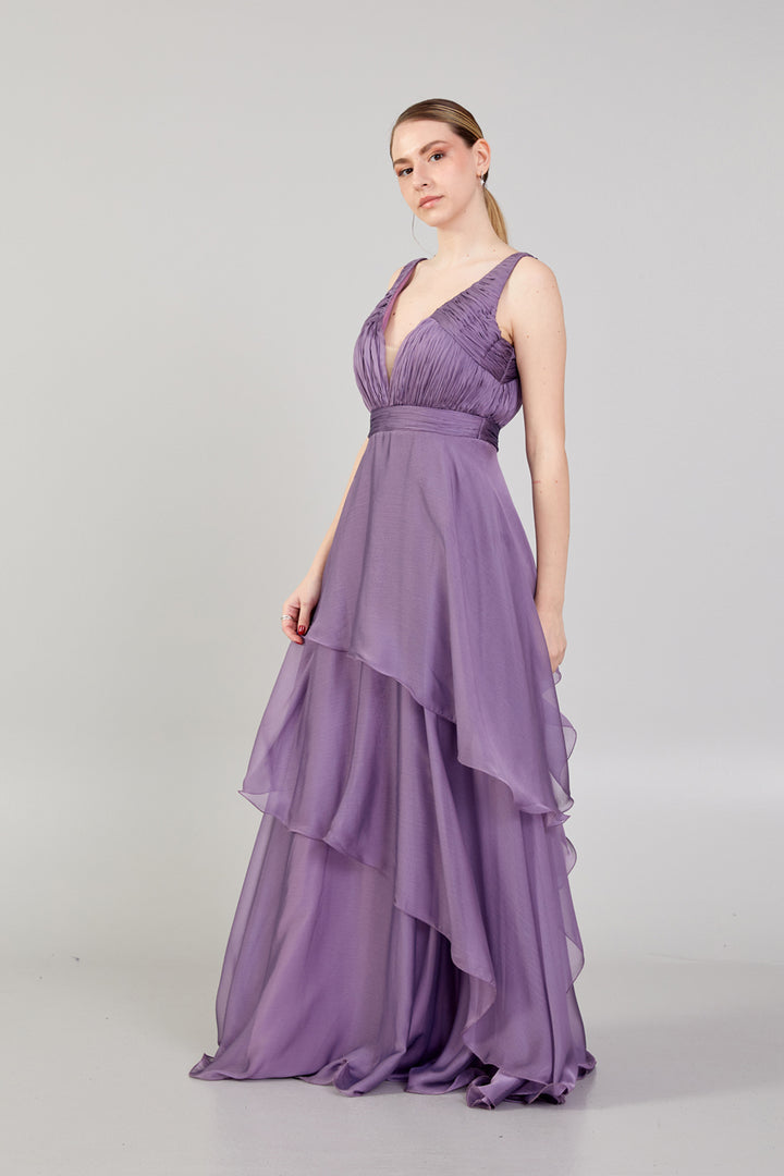 Gathered Chest Detailed Evening Dress with Tiered Skirt