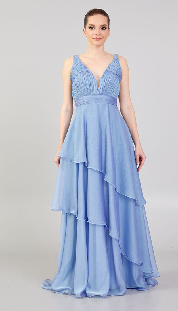 Gathered Chest Detailed Evening Dress with Tiered Skirt