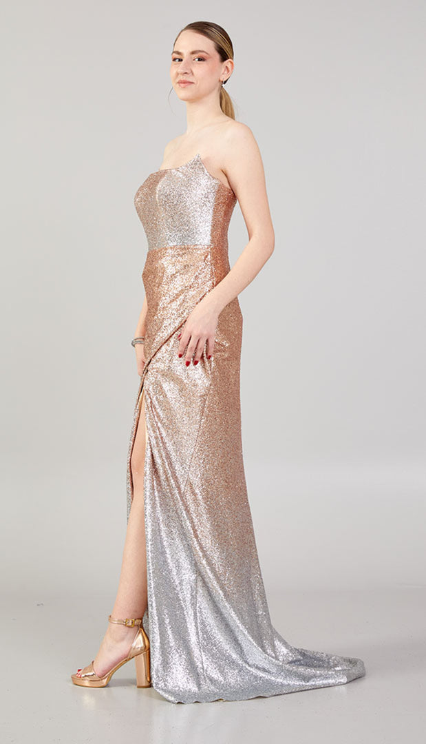 Double Color Glittered Strapless Evening Dress