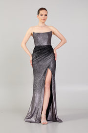 Double Color Glittered Strapless Evening Dress