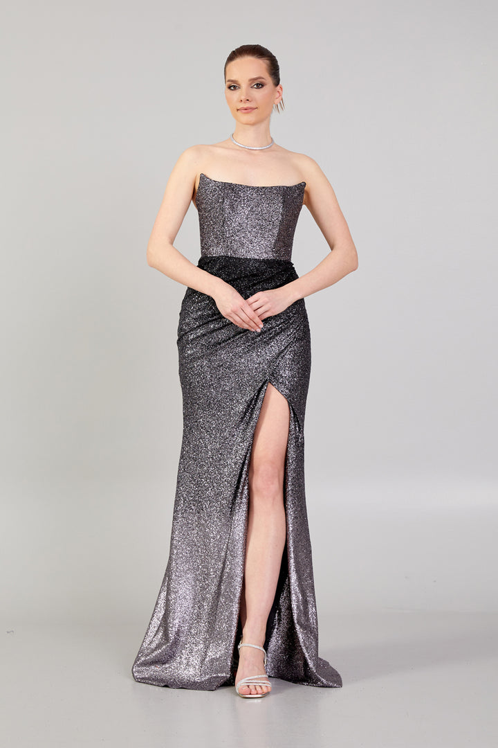 Double Color Glittered Strapless Evening Dress