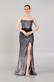 Double Color Glittered Strapless Evening Dress