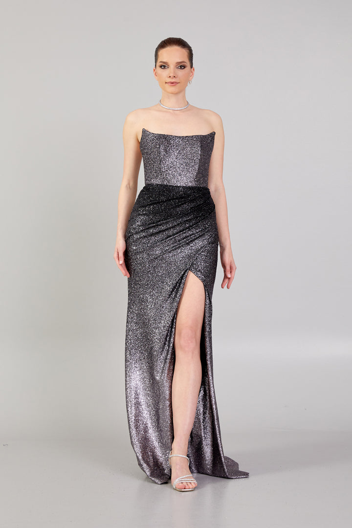 Double Color Glittered Strapless Evening Dress