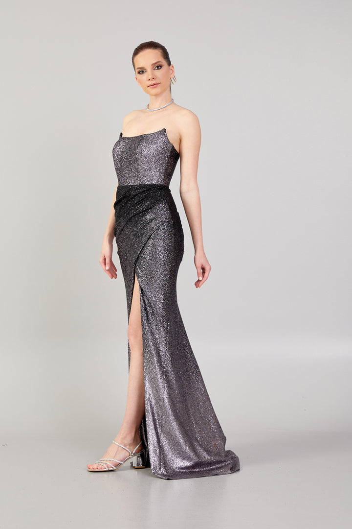 Double Color Glittered Strapless Evening Dress