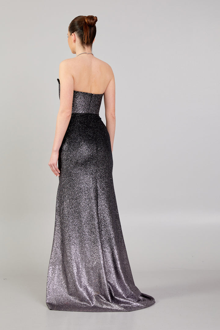 Double Color Glittered Strapless Evening Dress