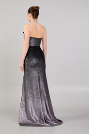 Double Color Glittered Strapless Evening Dress