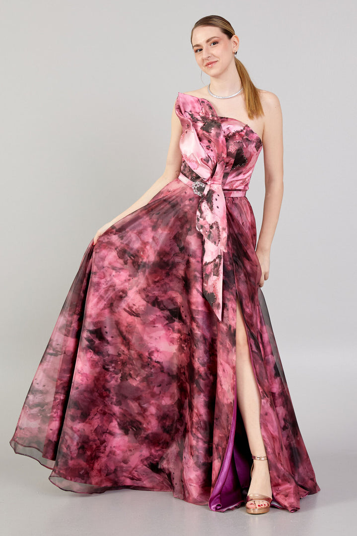 Strapless Patterned Fabric Evening Dress