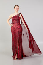 Load image into Gallery viewer, Shoulder Cape Detailed Belted Evening Dress
