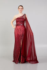 Load image into Gallery viewer, Shoulder Cape Detailed Belted Evening Dress
