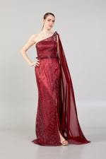 Load image into Gallery viewer, Shoulder Cape Detailed Belted Evening Dress
