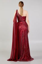 Load image into Gallery viewer, Shoulder Cape Detailed Belted Evening Dress
