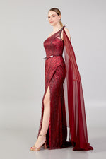 Load image into Gallery viewer, Shoulder Cape Detailed Belted Evening Dress
