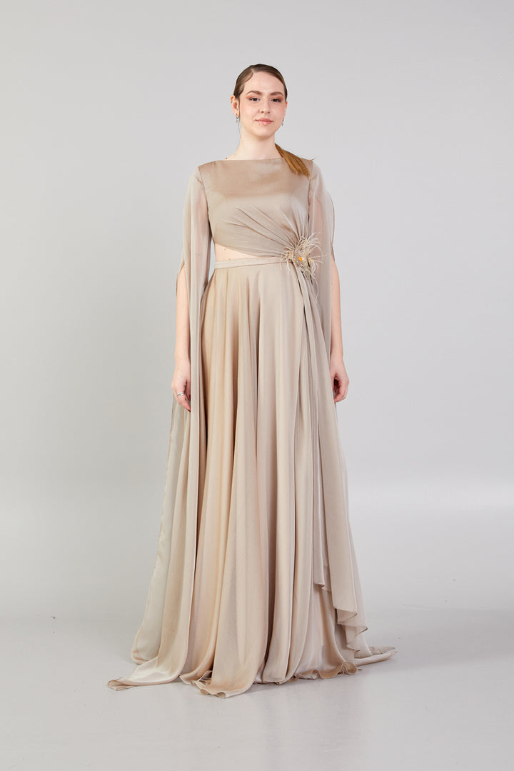 Waist Detailed Chiffon Fabric Evening Dress