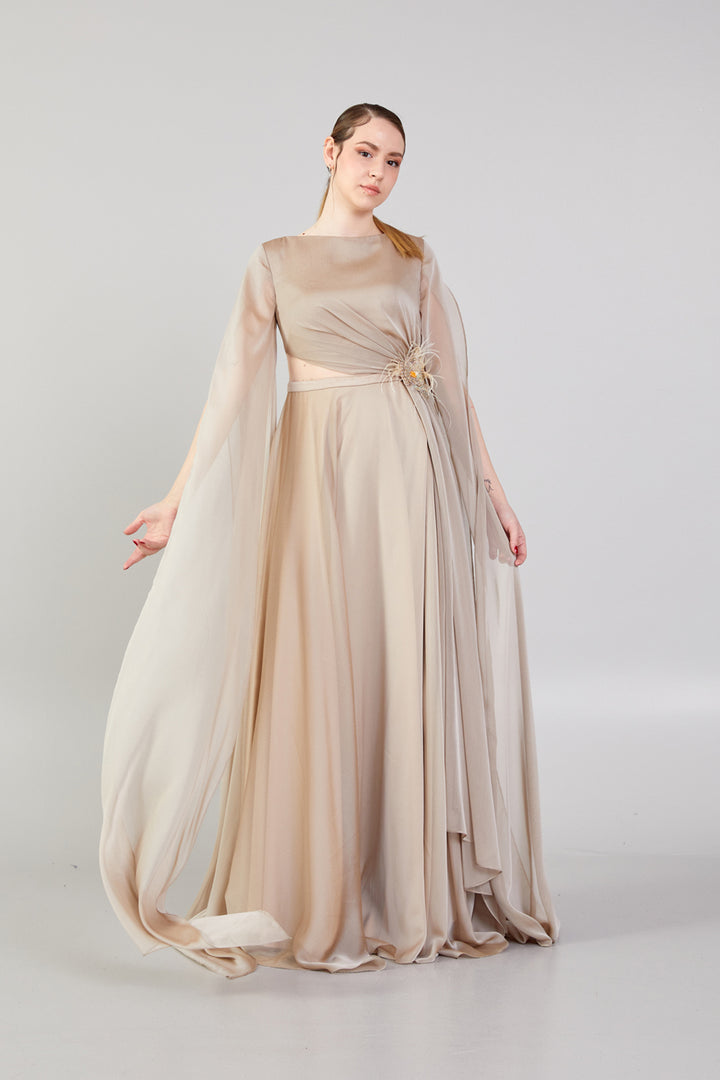 Waist Detailed Chiffon Fabric Evening Dress